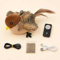 Que incluye: pajaro, mando, cable USB-C, cuerda elastica y catnip