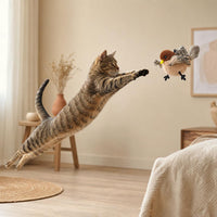 Gato atigrado saltando para atrapar el pajaro